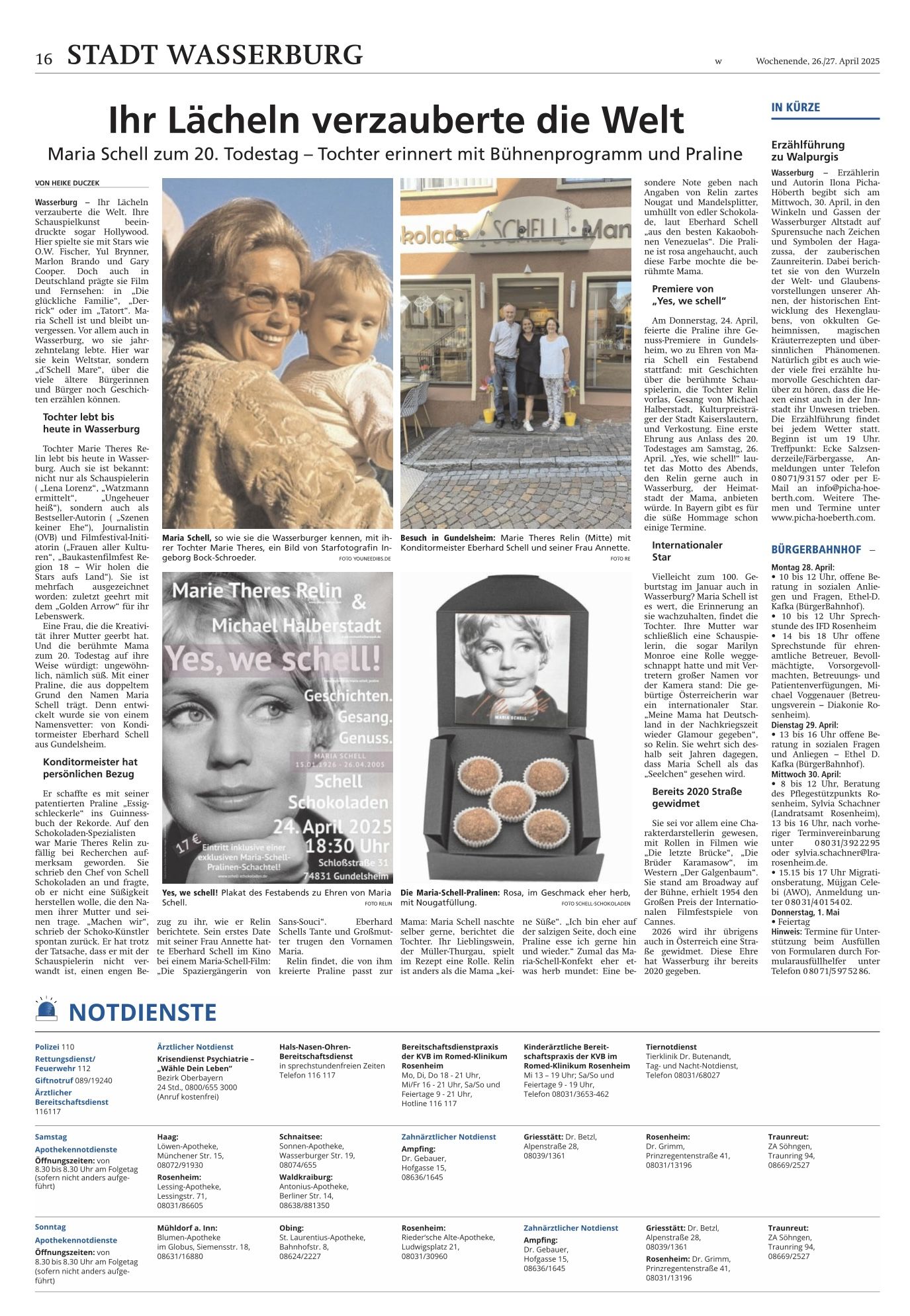 Marie Theres Relin zu Gast bei Schell Schokoladen mit Bühnenshow und Pralinen. Zeitungsartikel der Wasserburger Zeitung.