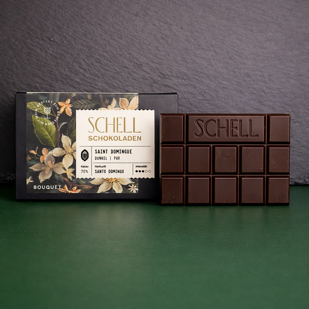 Schell dunkle Schokolade Saint Domingue mit 70% Kakaoanteil aus Santo Domingo.