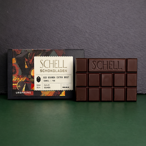 Schell dunkle Schokolade Bio Uganda Extra Brut mit 85% Kakaoanteil aus Uganda.