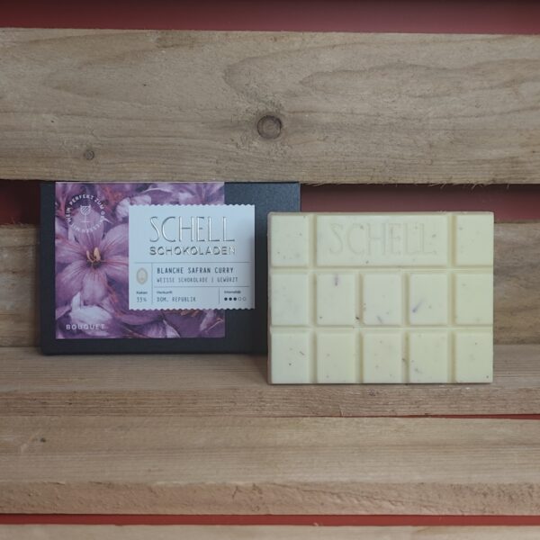 Schell Blanche Safran Curry weiße Schokolade mit 33% Kakaoanteil aus der Dominikanischen Republik.