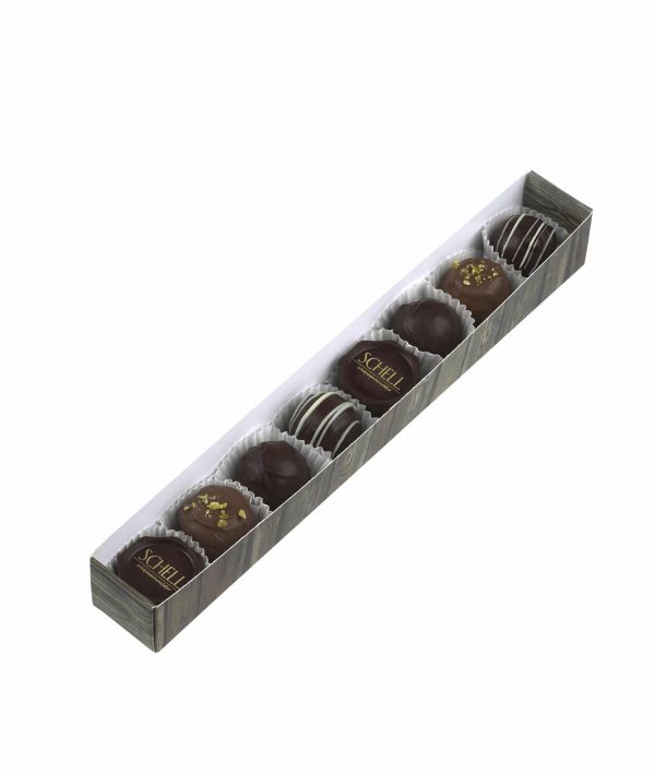 8er Stange "Essigschleckerle" von Schell Schokoladen ist mit acht Essigpralinen (Riesling Schleckerle, Lemberger Schleckerle, Balsam Schleckerle, Müller-Thurgau Schleckerle) gefüllt in einer Schachtel die aussieht wie Holz.