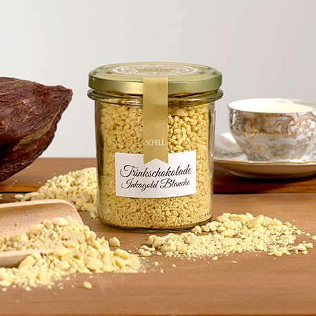 Die Trinkschokolade Inkagold Blanche enthält neben der Kakaobutter auch Gewürze wie Safran. Schell Schokoladen
