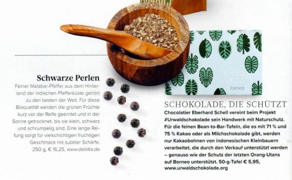 Es ist eine Seite der Feinschmecker Zeitschrift abgebildet in dem man einen kleinen Bericht über SCHELL Schokoladen lesen kann.