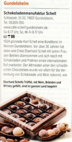 Sie sehen ein Zeitungsbericht über uns SCHELL Schokoladen abgebildet von der Zeitschrift der "Feinschmecker".