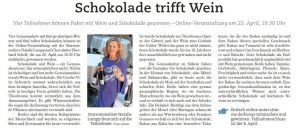 Sie sehen ein Zeitungsbericht aus der Heilbronner Stimme über uns SCHELL Schokoladen abgebildet mit der Überschrift "Schokolade trifft Wein"