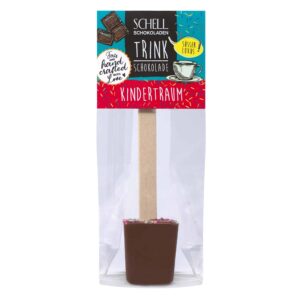 Der Trinkschokoladen Stick Kindertraum wird mit Milchschokolade und farbenfrohen Streuseln hergestellt von Schell Schokoladen. Schell Schokoladen