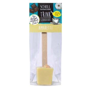 Der Trinkschokoladen Stick Amaretti mit weißer Schokolade wird verfeinert mit Amarettini. Schell Schokoladen