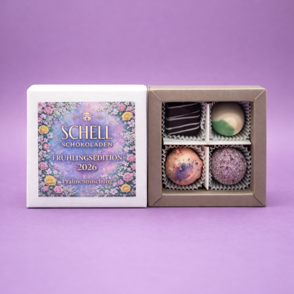 vier verschiedene Frühlingspralinen von Schell Schokoladen. Schachtel.