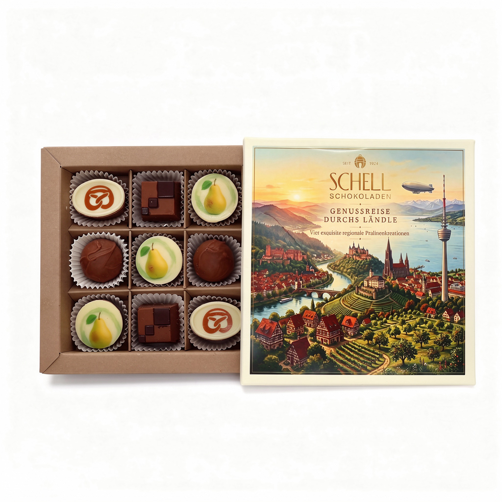 9 er Pralinenschachtel mit vier Sorten Ländle Pralinen gemischt.